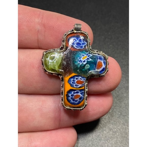 Vintage Murano Art Glass 925 Cross Pendant Italian Puffy Fine - Picture 2 of 7